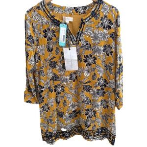 Magnolia Grace Tunic Top L NWT Mustard Floral Boho Embroidered Blouse Flowy